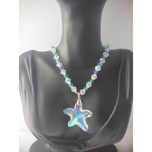 Vintage Necklace Beaded Iridescent Pendant Star Woman Jewelry Costume - Picture 2 of 11